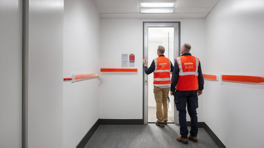 Two professionals inspecting a communal fire door in a brightly lit hallway. This relates to the page content by visually representing mandatory fire door checks as outlined in the Fire Safety England Regulations 2022.