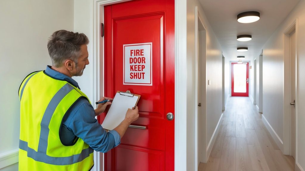 A professional wearing a high-visibility vest inspects a red fire door with a clipboard in a residential hallway. The image highlights mandatory flat entrance door inspections under the Fire Safety England Regulations 2022.