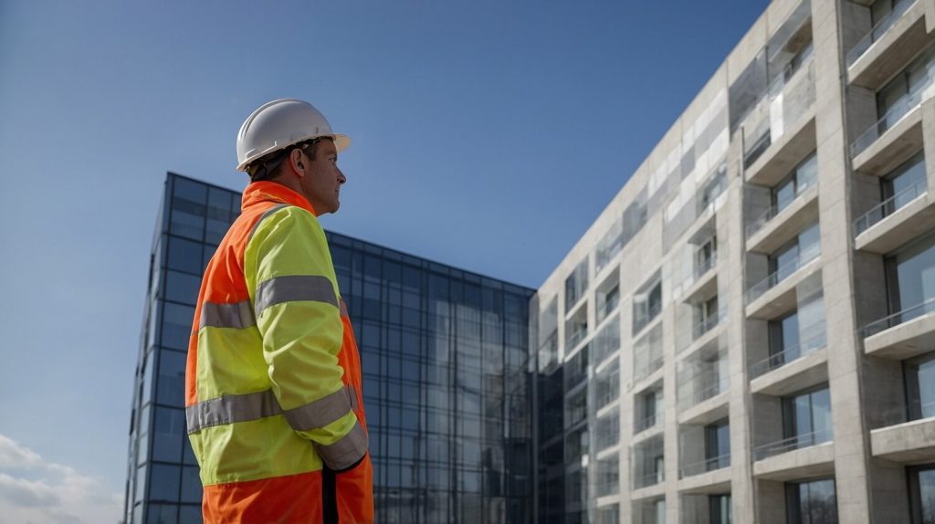 A construction worker in high-visibility gear inspects a modern high-rise building, symbolising cladding safety checks and compliance with building regulations.