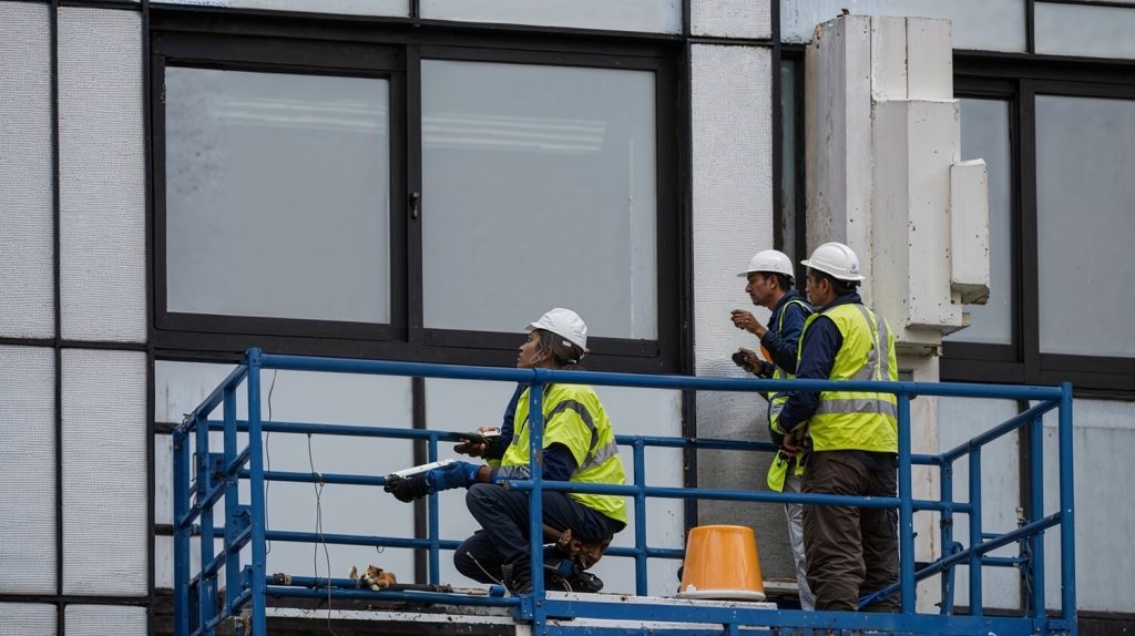 Three construction workers on a blue platform installing cladding on a high-rise building façade, showing a practical step in building safety compliance and cladding remediation.